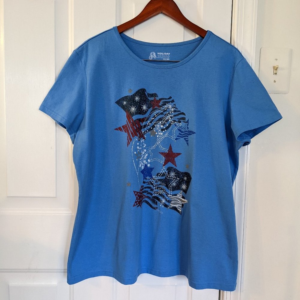 Basic Editions Shorts & 4th of July Top Women's; Tan Shorts XL/Blue Top XXL - Picture 7 of 11